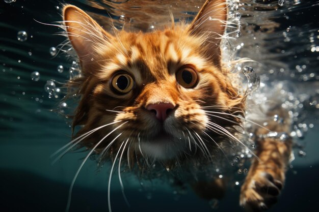 Un gato se sumerge bajo el agua con un ojo grande.