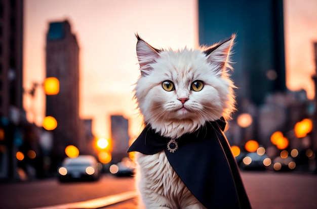 Gato super-herói Fluffy gatinho em traje fantástico Generative AI