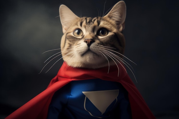 Un gato superhéroe en un traje con una capa roja sobre un fondo oscuro