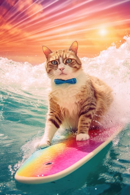 gato surfando no mar