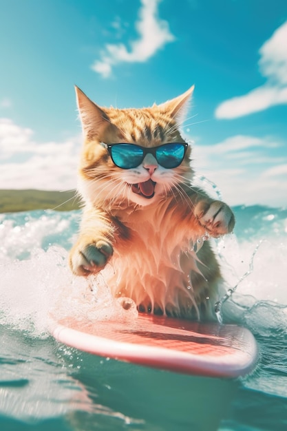 gato surfando no mar