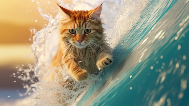 un gato surfea en el agua con una tabla de surf.