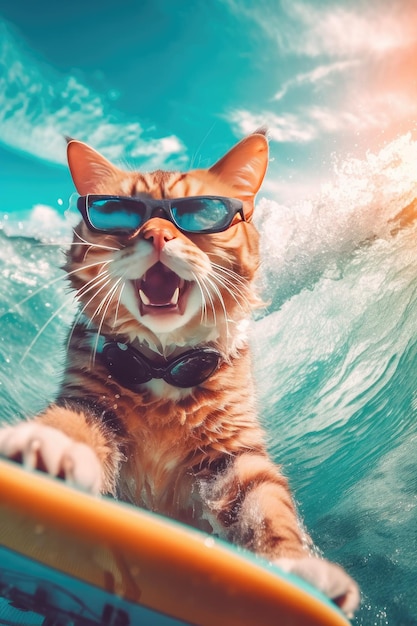 gato surfeando en el mar