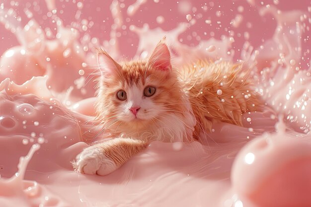 Foto un gato surfeando en una ola de leche rosada