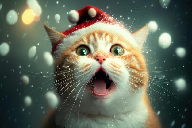 Foto gato surpreso com um chapéu de papai noel com a boca aberta observa flocos de neve em closeup admiração novo ano