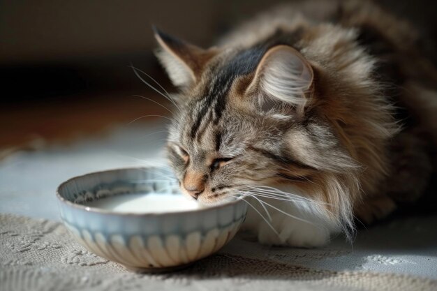 El gato con sus encantadores bigotes se involucra en una sofisticada experiencia de leche