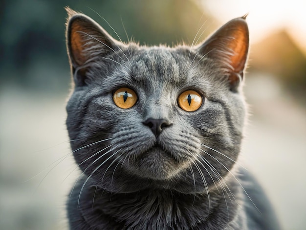 Un gato tabby con un arnés en un camino de adoquines mirando hacia el lado con vegetación y luces cálidas en el fondo raza de gato azul ruso