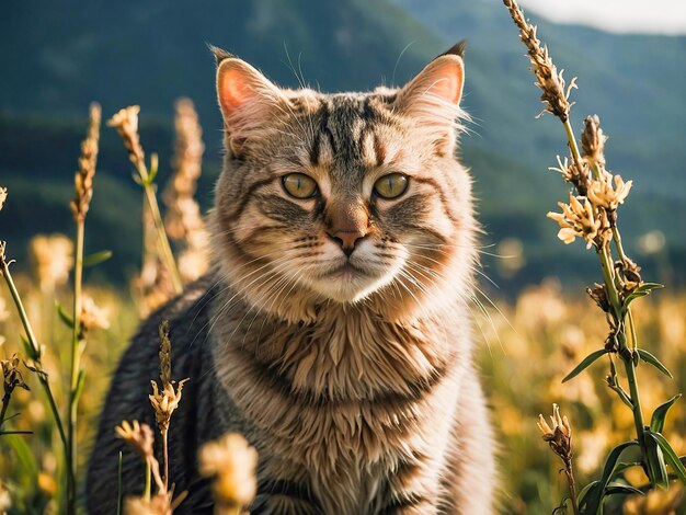 Un gato tabby con un arnés en un camino de adoquines mirando hacia el lado con vegetación y luces cálidas en el fondo