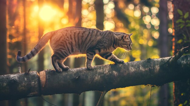 Gato tabby caminando en un tronco de árbol suspendido en el bosque