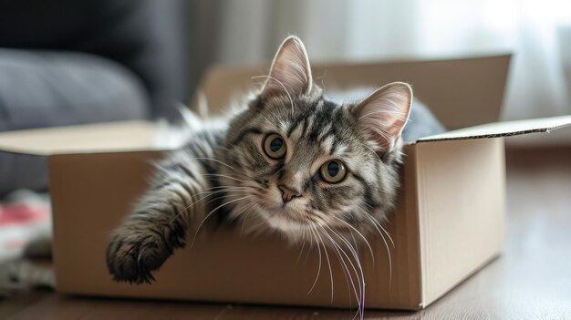 Gato tabby cinza bonito em caixa de papelão no chão em casa