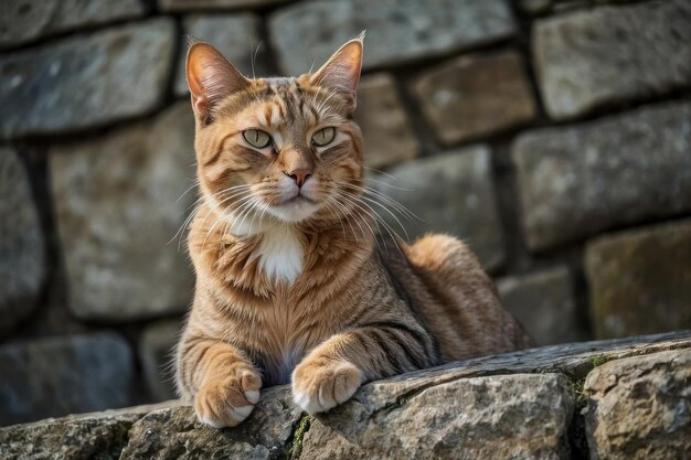 Gato tabby descansando en una pared de piedra