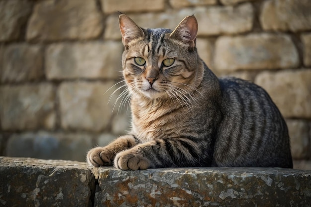 Gato tabby descansando en una pared de piedra