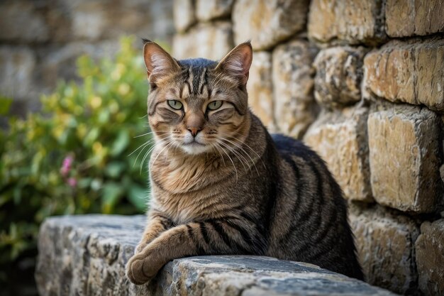 Gato tabby descansando en una pared de piedra