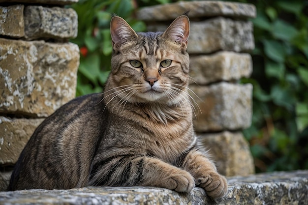 Gato tabby descansando en una pared de piedra