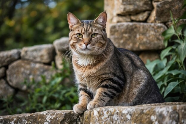 Gato tabby descansando en una pared de piedra