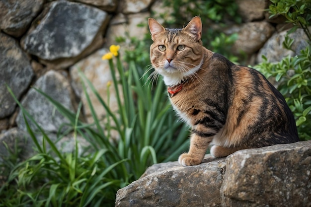 Foto gato tabby descansando en una pared de piedra