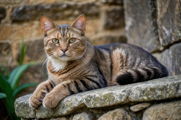 Gato tabby descansando en una pared de piedra