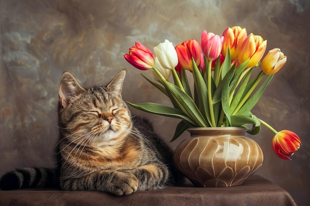 Gato tabby doméstico com tulipas geradas por IA