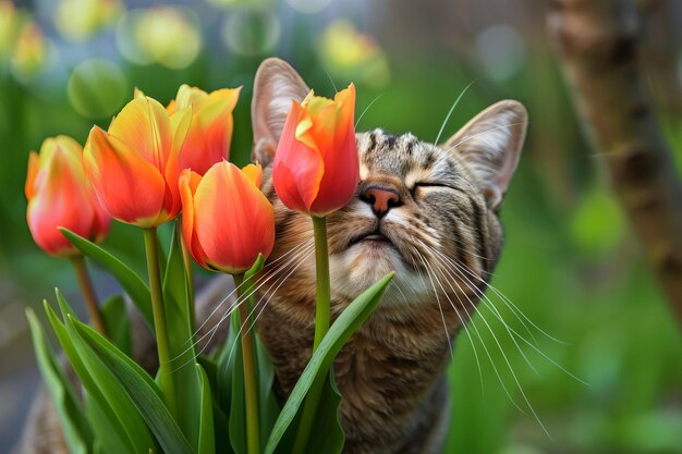 Gato tabby doméstico com tulipas geradas por IA