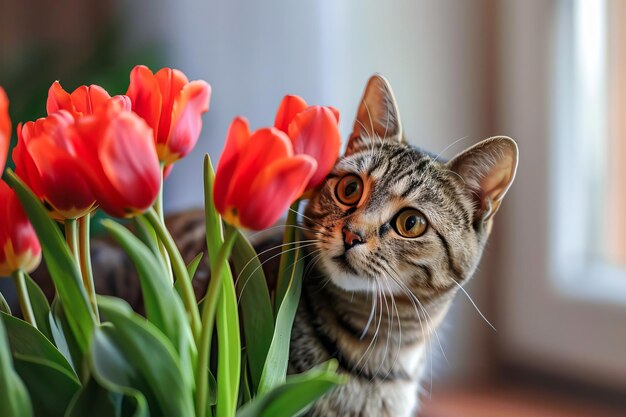 Gato tabby doméstico con tulipanes generados por la IA