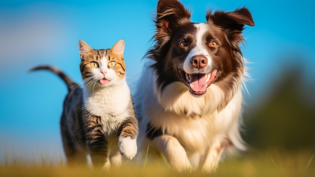 Foto gato tabby e cão border collie na frente de um fundo de gradiente azul