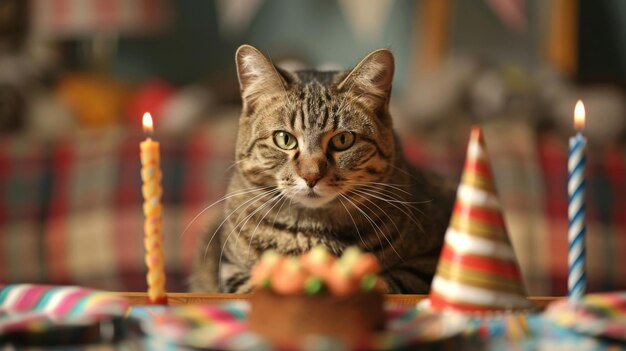Gato tabby escocés en una fiesta de cumpleaños