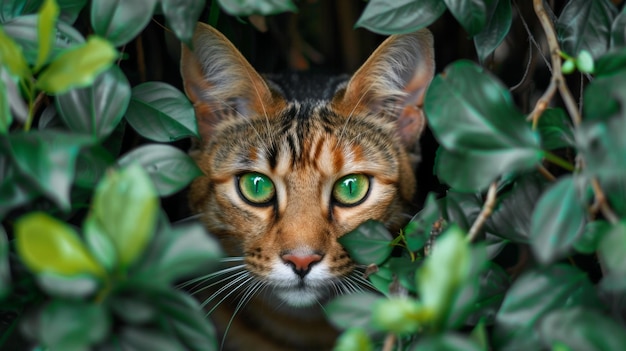 Gato Tabby escondiéndose entre las hojas verdes