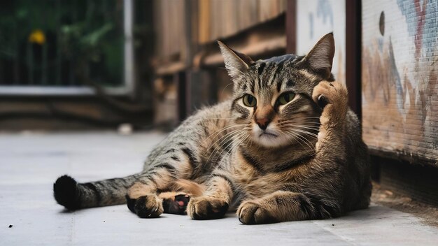 Gato tabby en un espacio blanco gato adulto doméstico con pulgas el gato se rasca la oreja con su pata