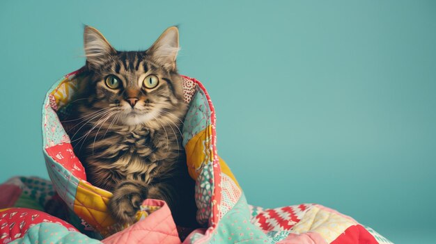 El gato tabby esponjoso está asomando desde una colcha de colores contra un fondo azulado