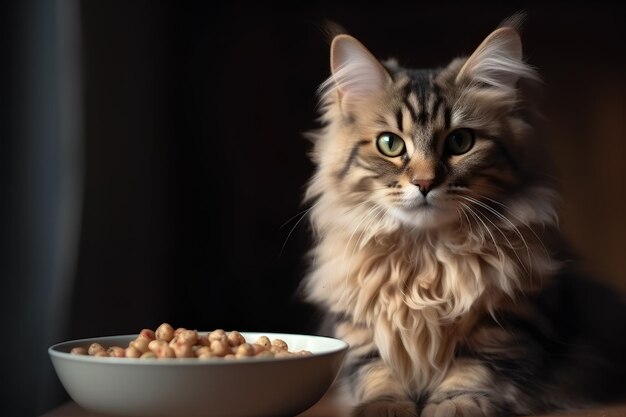 Gato tabby esponjoso sentado cerca del cuenco de comida para mascotas Fondo oscuro