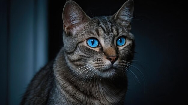 Gato tabby gris con ojos azules penetrantes en una habitación oscura