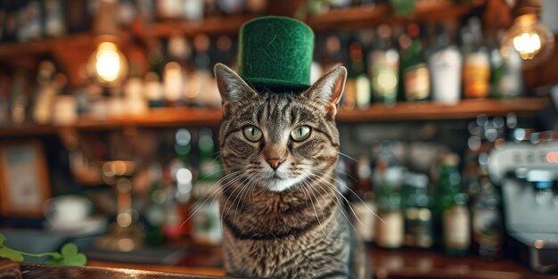 Foto un gato tabby gris con un sombrero verde que sirve bebidas generativo ai