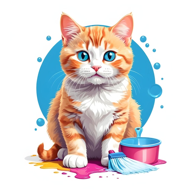 Gato Tabby Laranja com Produtos de Limpeza