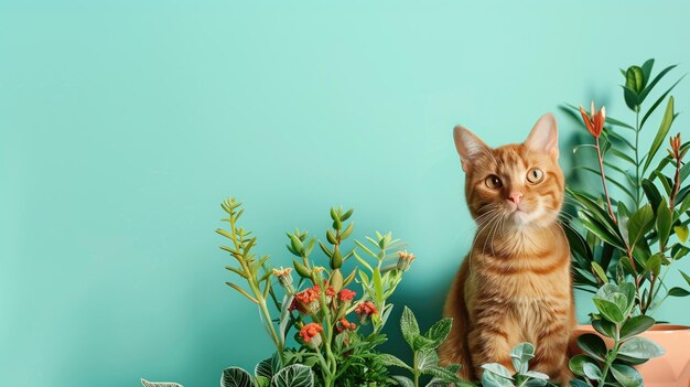 Gato tabby laranja sentado ao lado de plantas de casa contra fundo azul