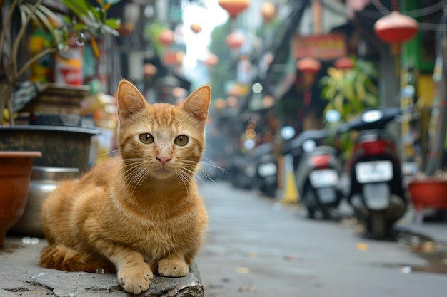 Gato tabby laranja sentado na calçada em um beco urbano pitoresco com scooters e lanternas penduradas