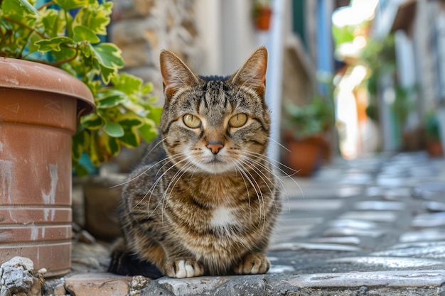 Gato tabby listrado doméstico relaxando em um caminho de paralelepípedos com plantas em um cenário rústico