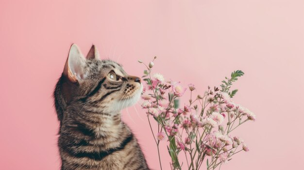 Gato tabby listrado olhando atentamente para flores cor-de-rosa contra um fundo macio