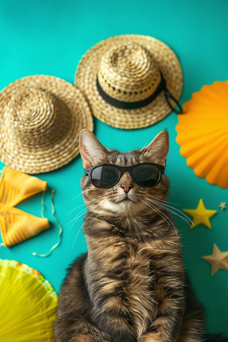 Gato tabby marrón con gafas de sol relajándose en un fondo azul con decoraciones con temas de verano