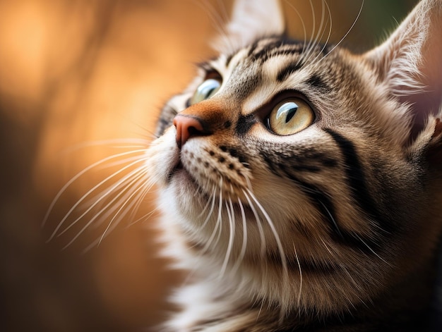 Un gato tabby mirando hacia arriba en una luz cálida