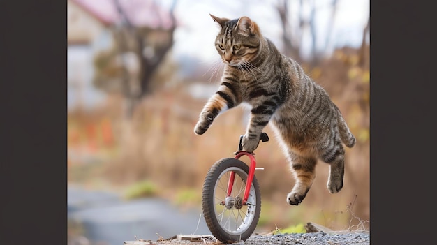 Foto un gato tabby está montando un monociclo el gato está en el aire y sus patas delanteras están en el manillar del monociclo las patas traseras del gato están en el aire