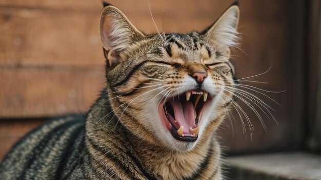 Gato tabby naranja en un bostezo alegre