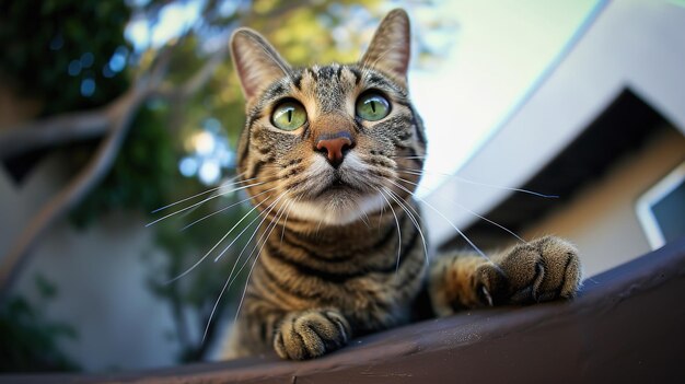 Gato tabby con ojo verde mirando hacia arriba al aire libre ojo de pez disparado de cerca