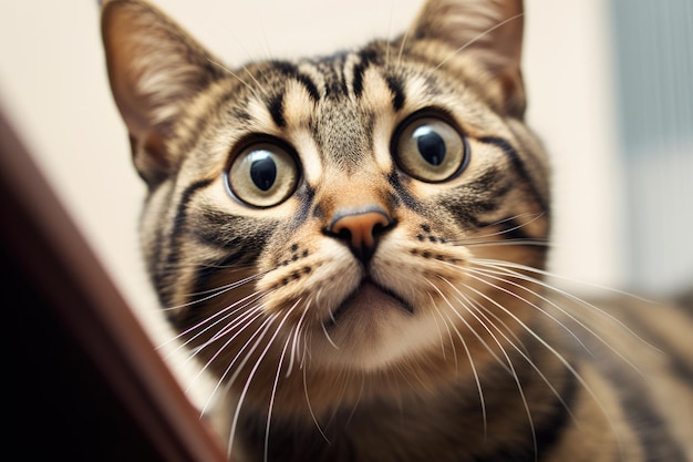 Gato Tabby de ojos grandes parece escéptico y sorprendido con ojos anchos Retrato divertido y lindo de una mascota