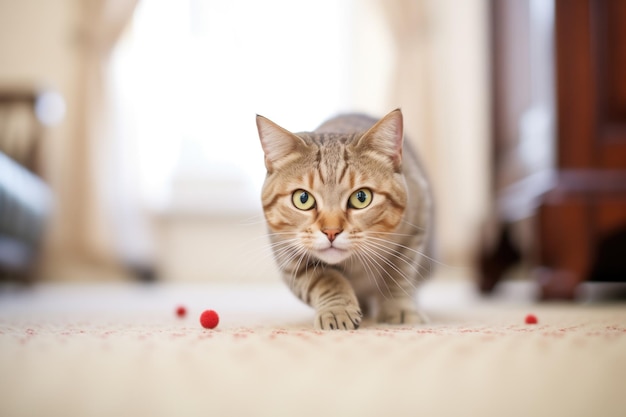 Foto gato tabby pulando sobre um ponto vermelho em um tapete bege