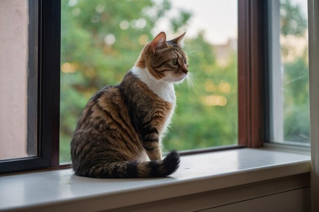 Gato tabby sentado en el alféizar de madera