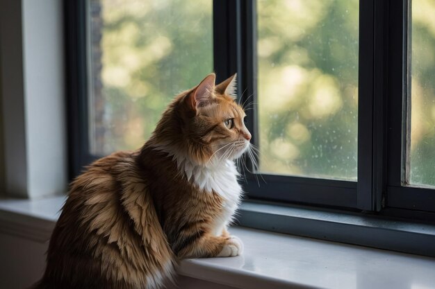 Gato tabby sentado en el alféizar de madera