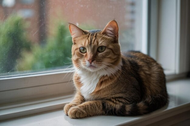 Gato tabby sentado en el alféizar de madera