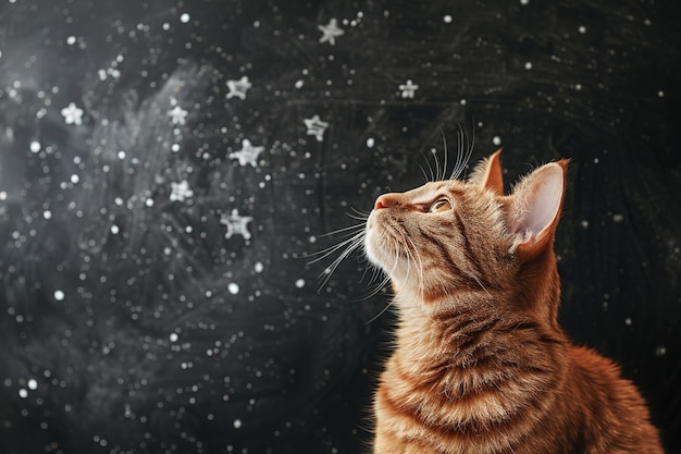 el gato tabby se sienta en el fondo de una pizarra con estrellas dibujadas en tiza