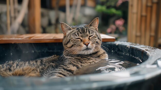 Foto un gato tabby está tomando un baño en una bañera de madera el gato tiene los ojos cerrados y parece muy relajado