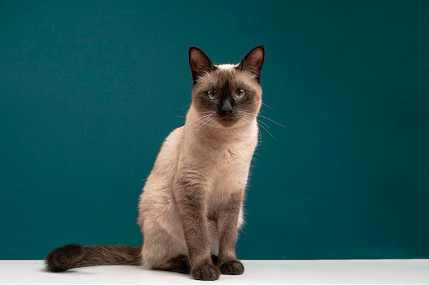 Gato tailandês em um fundo azul gato siamês gato tailandês olhando de corpo inteiro sentado no chão da casa